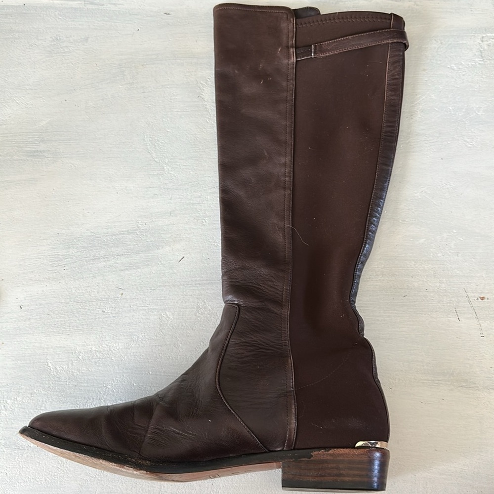 Coach Lilac Tall Boots Brown Leather Fabric Stretch Panel Size 10 Buckle Classy - Picture 7 of 16